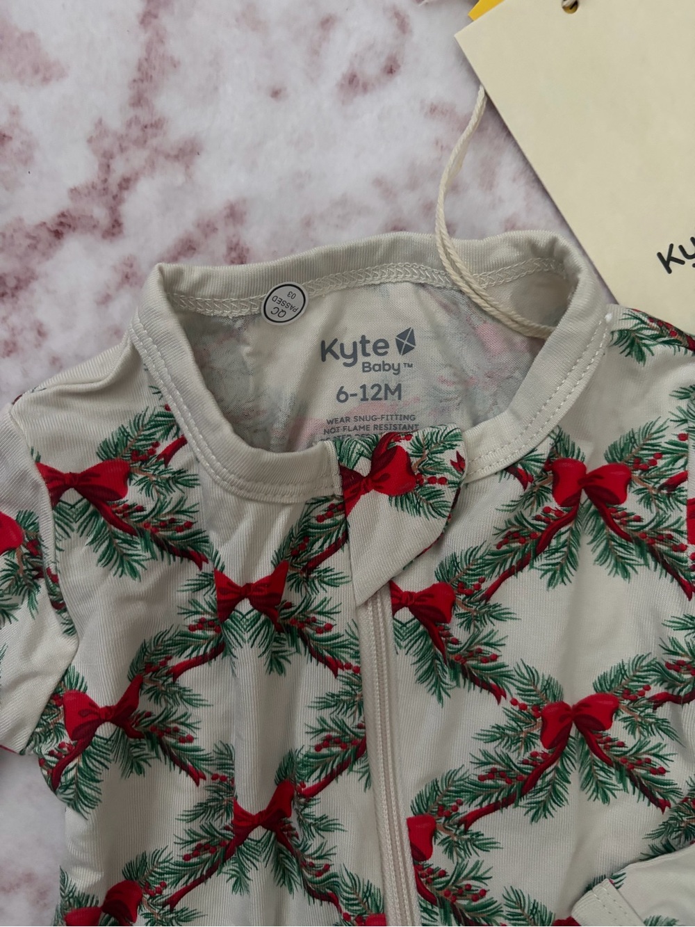 Kyte BABY Cream Holiday Pine & Red Bow Zip Romper
